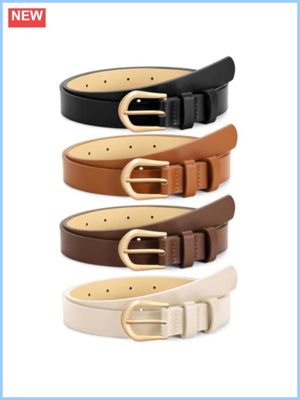 4 Pack Womens Thin Faux Leather Skinny Waist Belts Gold Buckle